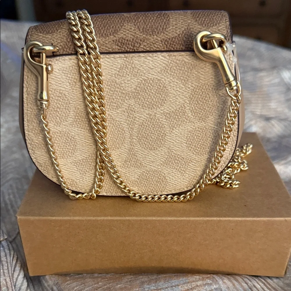Coach Mini Cross Body Bag in Brown and Cream with Gold Chain - Picture 2 of 10